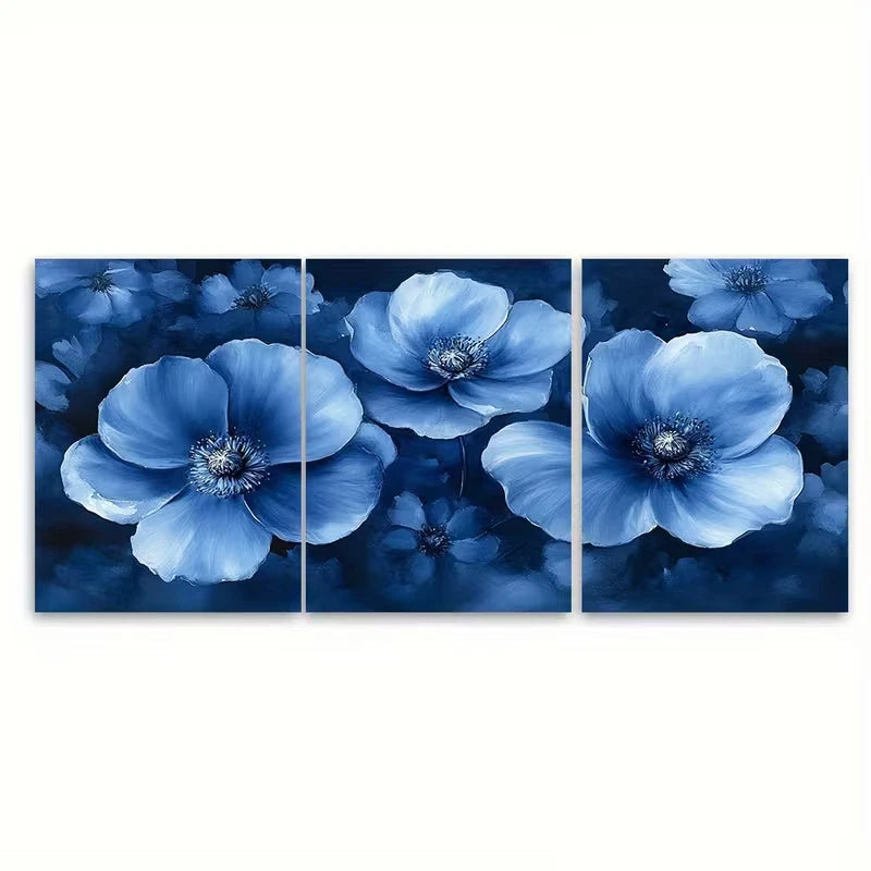 3pcs Elegant Blue Abstract Watercolor Floral Wall Art Set Canvas Framed 50x70cm - High Quality Print 100% Australian Made Wall Canvas Ready to Hang