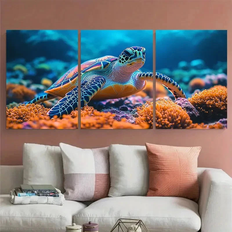3pcs Wild Sea Turtle Colorful Coral Reef Life Wall Art Set Canvas Framed 40x60cm - High Quality Print 100% Australian Made Wall Canvas Ready to Hang - Bella Home Decor