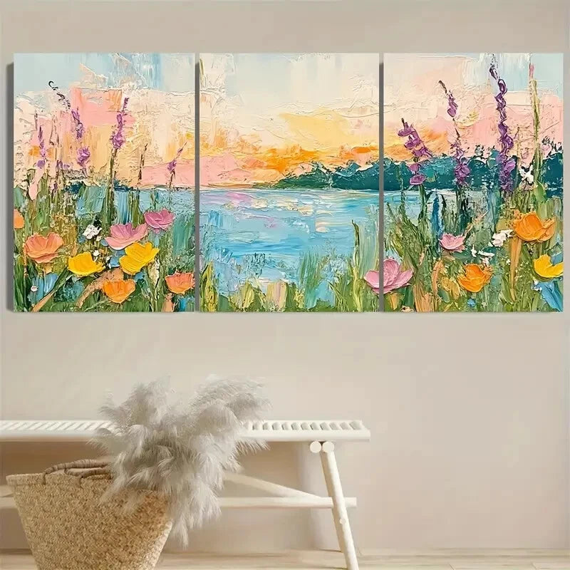 3pcs Vibrant Orange Flower Pink Lake Modern Metal Print Ready to Hang Art - Bella Home Decor