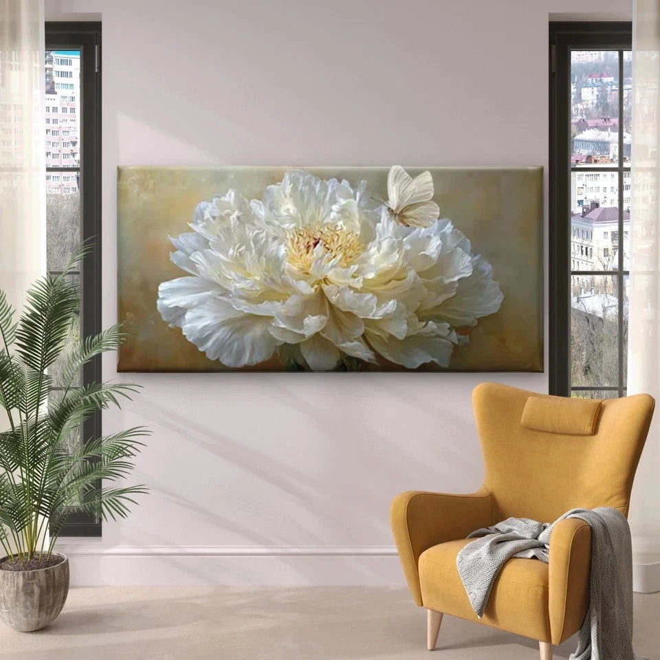 White Peony Flower Elegant Wall Art Canvas Office Home Room Framed 120x60cm