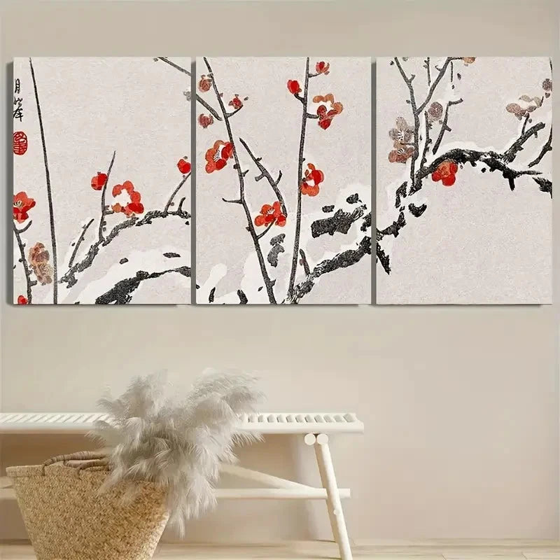 3pcs Flowering Plums in Snow Wall Art Set Canvas Framed 60x90cm - High Quality Print 100% Australian Made Wall Canvas Ready to Hang - Bella Home Decor