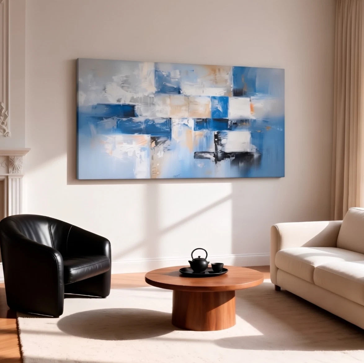 Blue and White Block Abstract Wall Art Canvas Office Home Framed 120x60cm