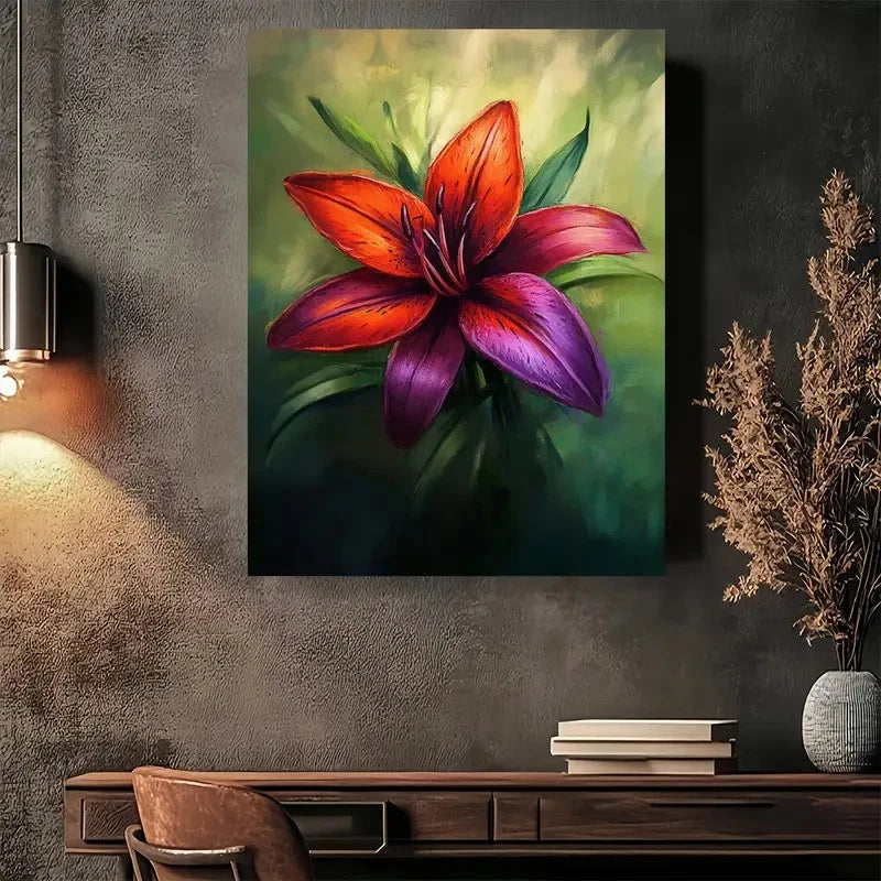 Vibrant Red & Purple Lily Flower Painting 40x60cm Metal Print Ready to Hang - Bella Home Decor