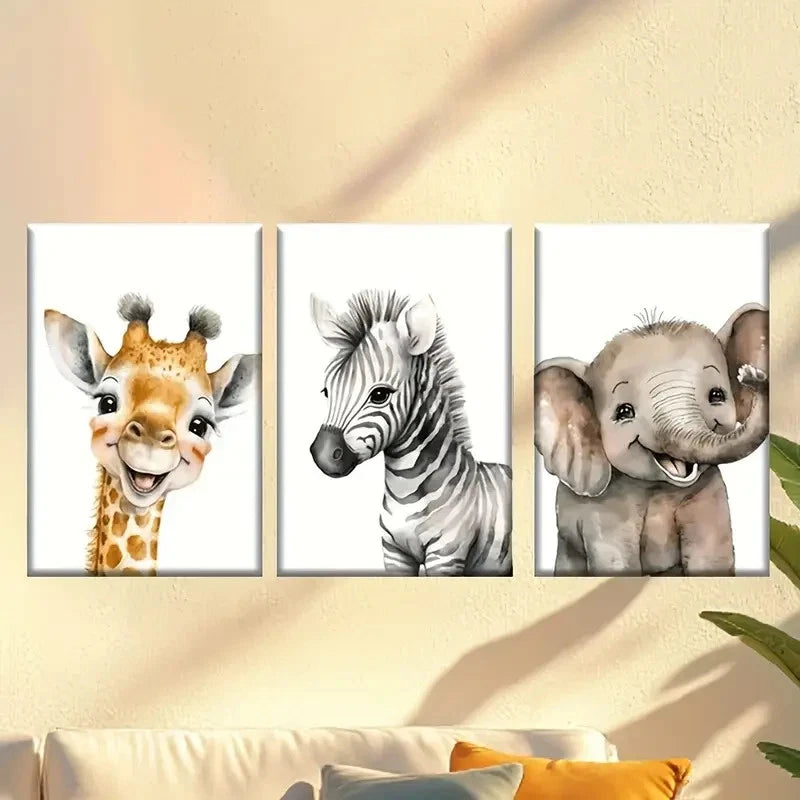 3pcs Giraffe, Zebra, Elephant Illustrations Wall Art Set Canvas Framed 40x60cm - High Quality Print 100% Australian Made Wall Canvas Ready to Hang - Bella Home Decor