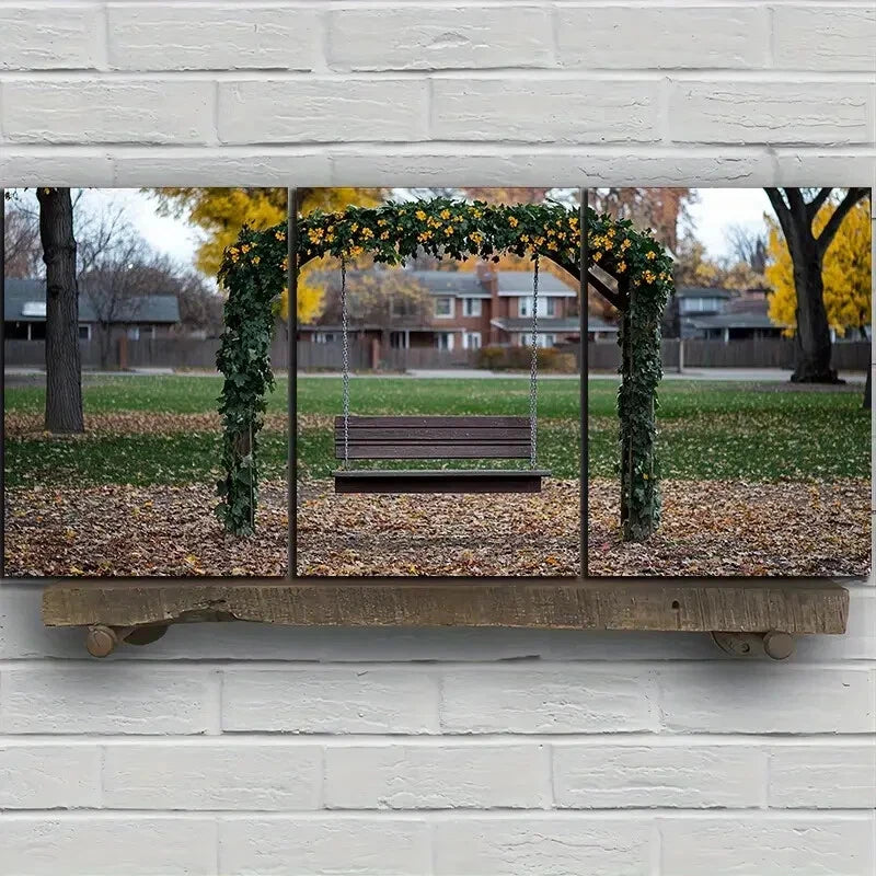 3pcs Scenery Swing in Fallen Leaves Metal Print Ready to Hang Art - Bella Home Decor