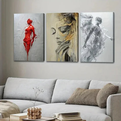 3pcs Abstract Figure Gold Gray Red Ladies White Wall Art Set Canvas Unframed - High Quality Print 100% Australian Made Wall Canvas - Bella Home Decor