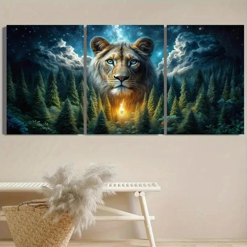 3pcs Majestic Lion with Glowing Light Forest Metal Print Ready to Hang Art - Bella Home Decor