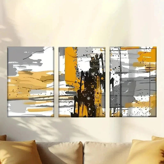 3pcs painting with yellow and black paint Wall Art Set Canvas Framed 60x90cm - High Quality Print 100% Australian Made Wall Canvas Ready to Hang