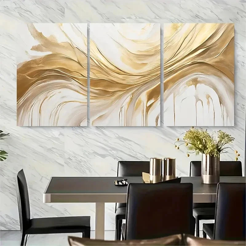 3pcs Golden Modern Golden Wall Art Metal Print Ready to Hang Art - Bella Home Decor