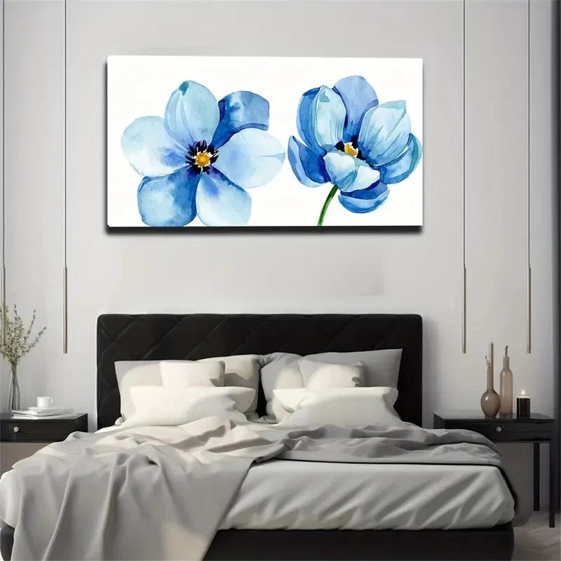 Blue Flowers White Wall Art Canvas Office Home Room Framed 120x60cm