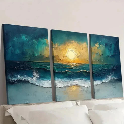 3pcs Blue & Green Ocean Sunset OS Wall Art Set Canvas Unframed - High Quality Print 100% Australian Made Wall Canvas - Bella Home Decor