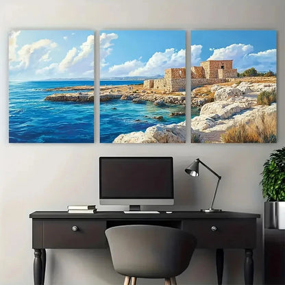 3pcs Paphos Travel Tombs of the Kings Design Wall Art Set Canvas Framed 60x90cm - High Quality Print 100% Australian Made Wall Canvas Ready to Hang