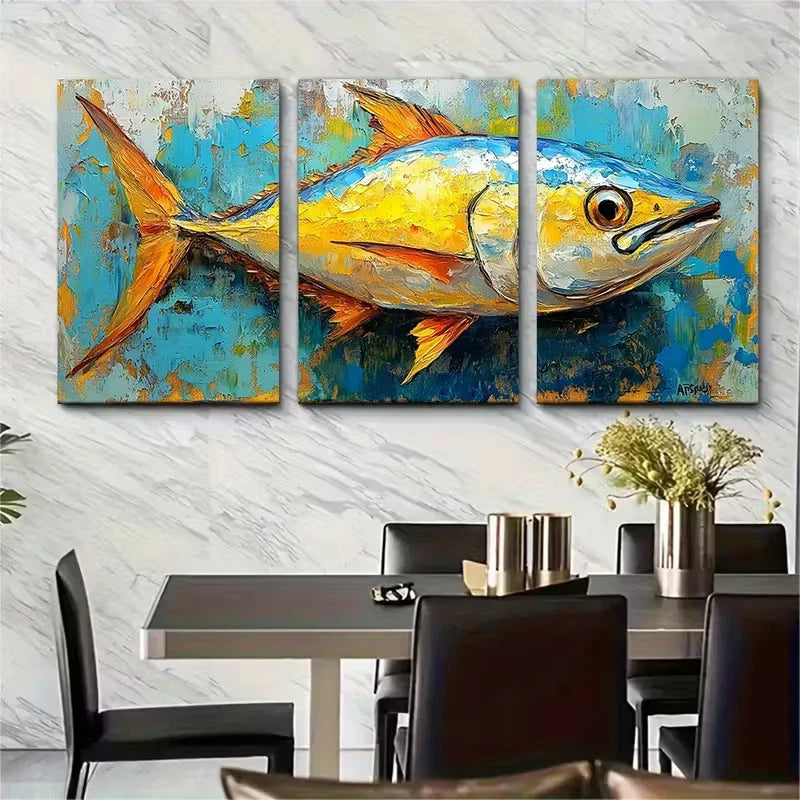 3pcs , Tuna Fish Painting Metal Print Ready to Hang Art - Bella Home Decor