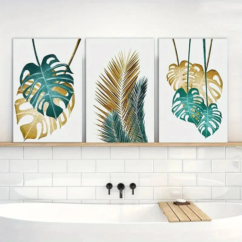 3pcs Painting Tropical Leaves Metal Print Ready to Hang Art - Bella Home Decor