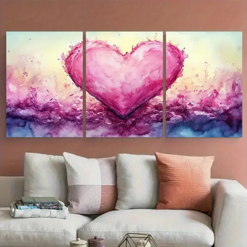 3pcs Romantic Pink Ribbon Heart Watercolor Wall Art Set Canvas Framed 60x90cm - High Quality Print 100% Australian Made Wall Canvas Ready to Hang