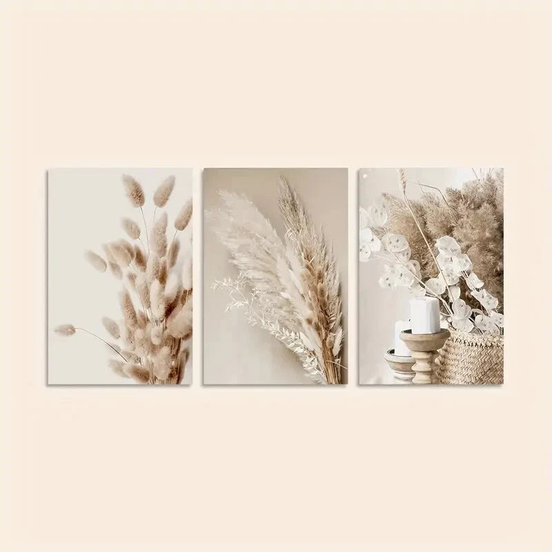 3pcs Pampas Grass & Reed Leaves Botanical Metal Print Ready to Hang Art - Bella Home Decor