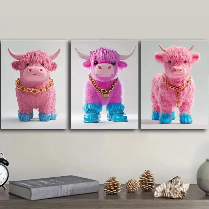 3pcs Pink Highland Cattle Wall Art Set Canvas Framed 40x60cm - High Quality Print 100% Australian Made Wall Canvas Ready to Hang