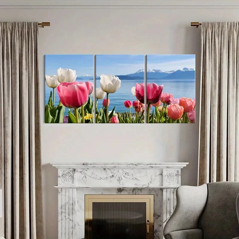 3pcs Spring Tulips By The Lake Mountain View Metal Print Ready to Hang Art - Bella Home Decor