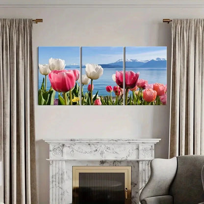3pcs Spring Tulips By The Lake Mountain View Metal Print Ready to Hang Art - Bella Home Decor