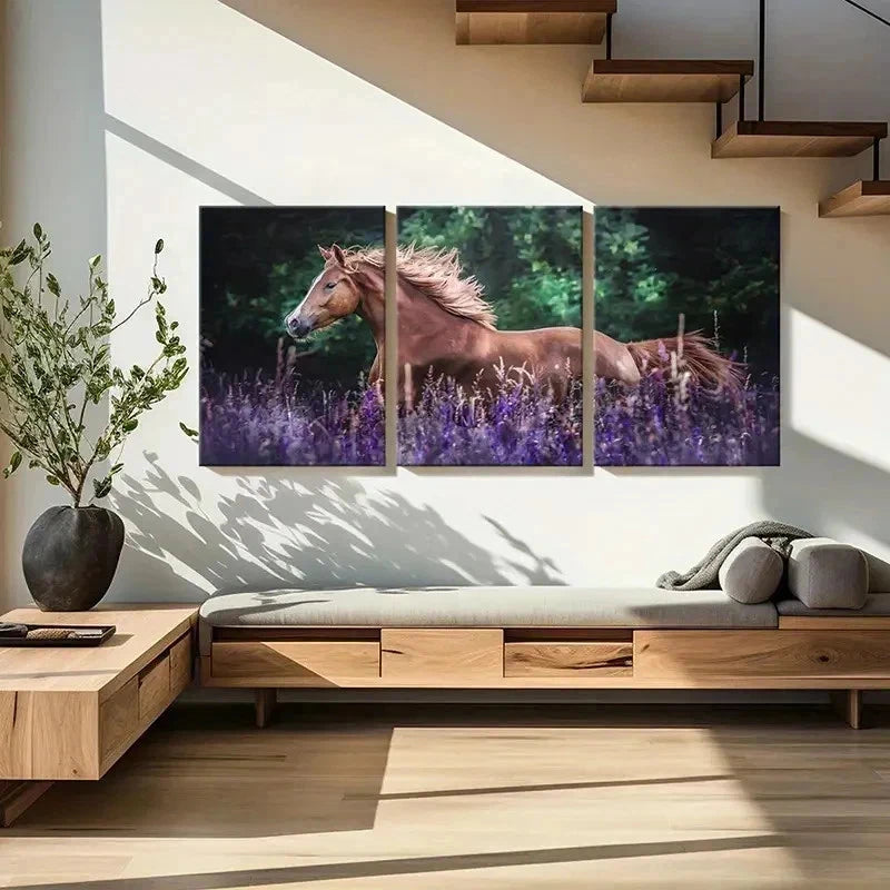 3pcs Horse in Lavender Bush Modern Wall Art Set Canvas Framed 50x70cm - High Quality Print 100% Australian Made Wall Canvas Ready to Hang