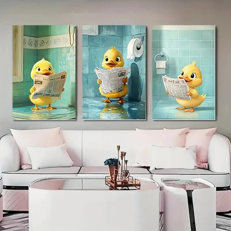 3pcs Adorable Yellow Duck   Wall Art Set Canvas Framed 40x60cm - High Quality Print 100% Australian Made Wall Canvas Ready to Hang - Bella Home Decor