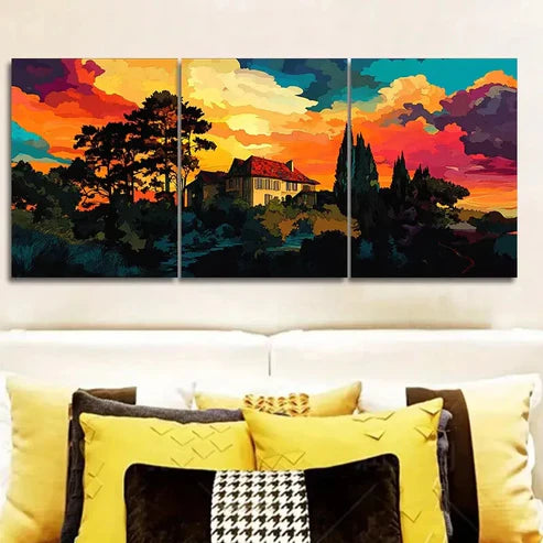 3pcs Mansion Surrounded by trees Wall Art Set Canvas Unframed - High Quality Print 100% Australian Made Wall Canvas