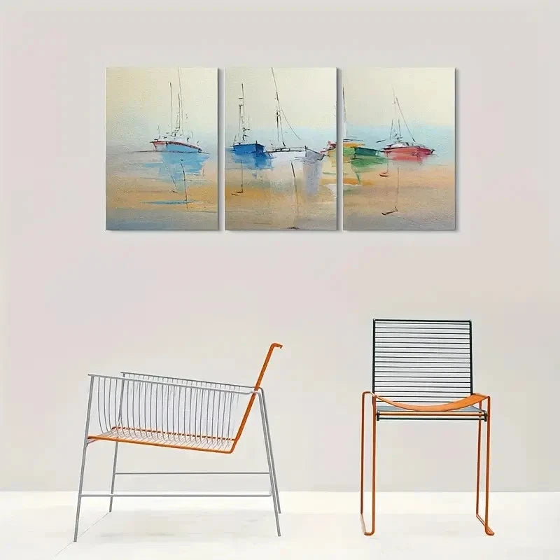 3pcs Abstract Watercolor Boats Triptych Metal Print Ready to Hang Art - Bella Home Decor