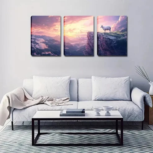 3pcs Sheep Standing on The Edge of a Cliff Wall Art Set Wall Art Canvas Unframed - High Quality Print 100% Australian Made Wall Canvas