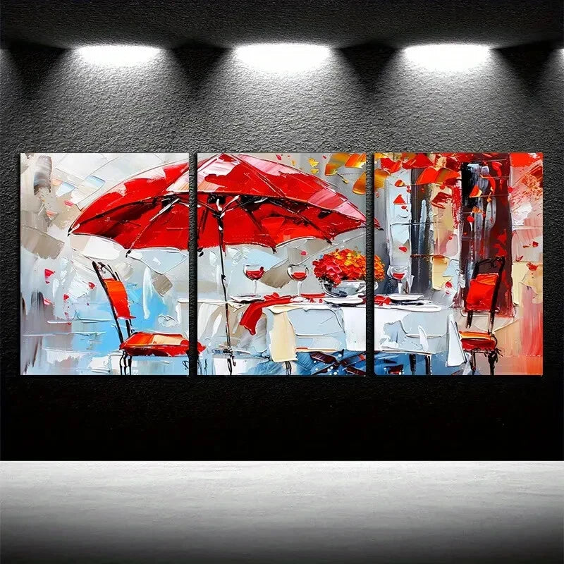 3pcs Vibrant Red Umbrella Illustration Metal Print Ready to Hang Art - Bella Home Decor