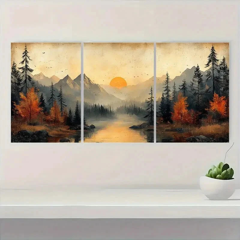 3pcs Vintage Autumn Mountain Landscape Metal Print Ready to Hang Art