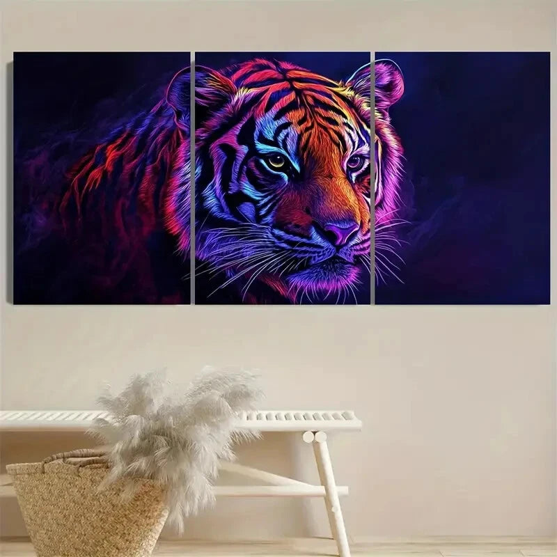 3pcs Neon Tiger Glowing Animal Jungle Wildlife Metal Print Ready to Hang Art - Bella Home Decor