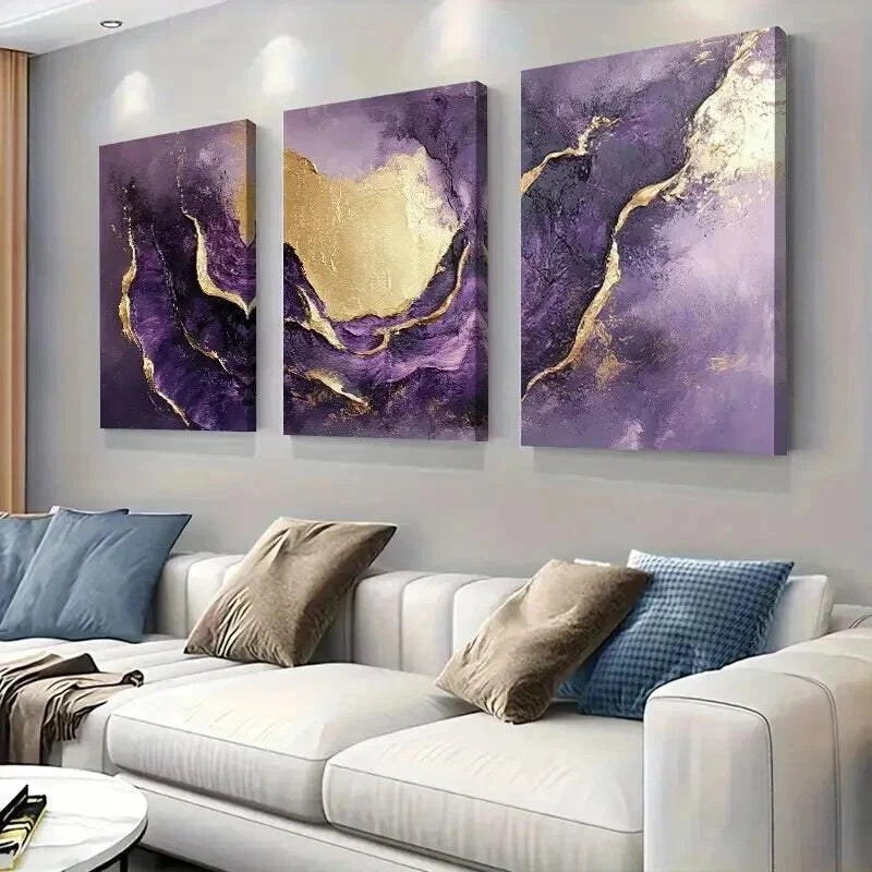 3pcs Purple and Golden Abstract Fluid Wall Art Set Canvas Framed 50x70cm - High Quality Print 100% Australian Made Wall Canvas Ready to Hang