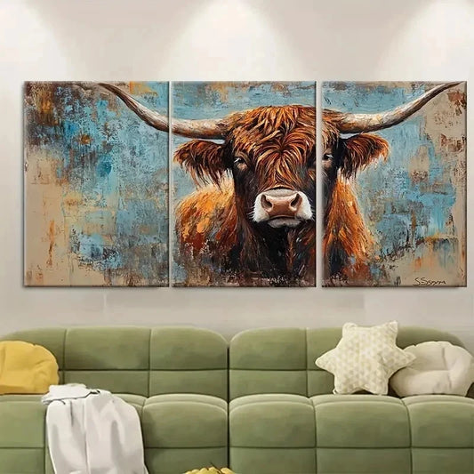 3pcs Highland Cow Art Animal Wall Art Set Canvas Framed 60x90cm - High Quality Print 100% Australian Made Wall Canvas Ready to Hang