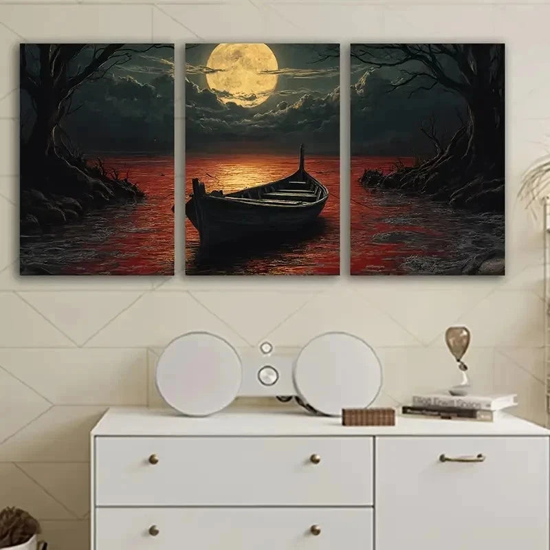 3pcs Moonlit River Scene Wall Art Set Canvas Framed 40x60cm - High Quality Print 100% Australian Made Wall Canvas Ready to Hang