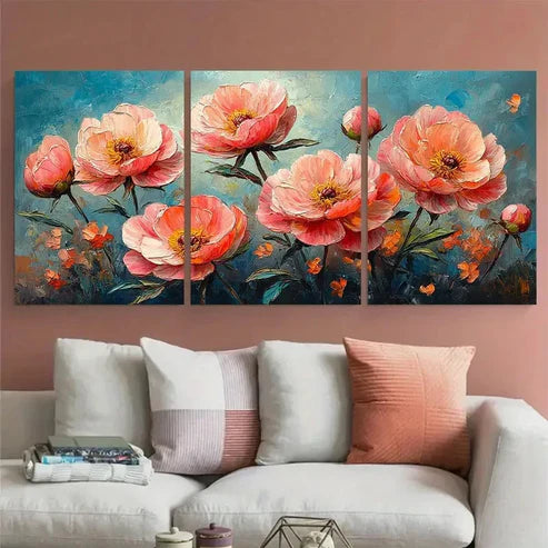 3pcs Pink Peony Flowers Abstract Wall Art Set Canvas Unframed - High Quality Print 100% Australian Made Wall Canvas