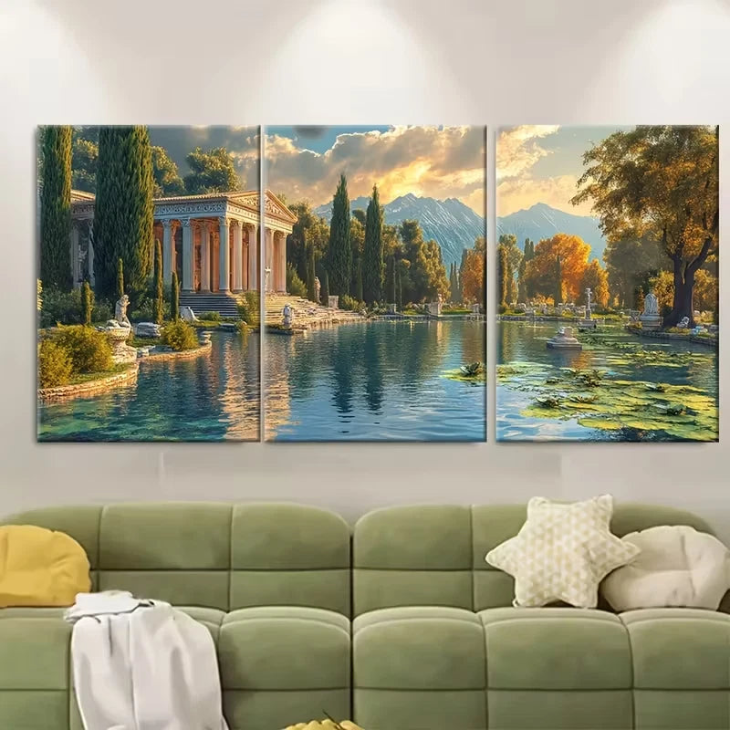 3pcs Ancient Roman Garden Lake Metal Print Ready to Hang Art - Bella Home Decor