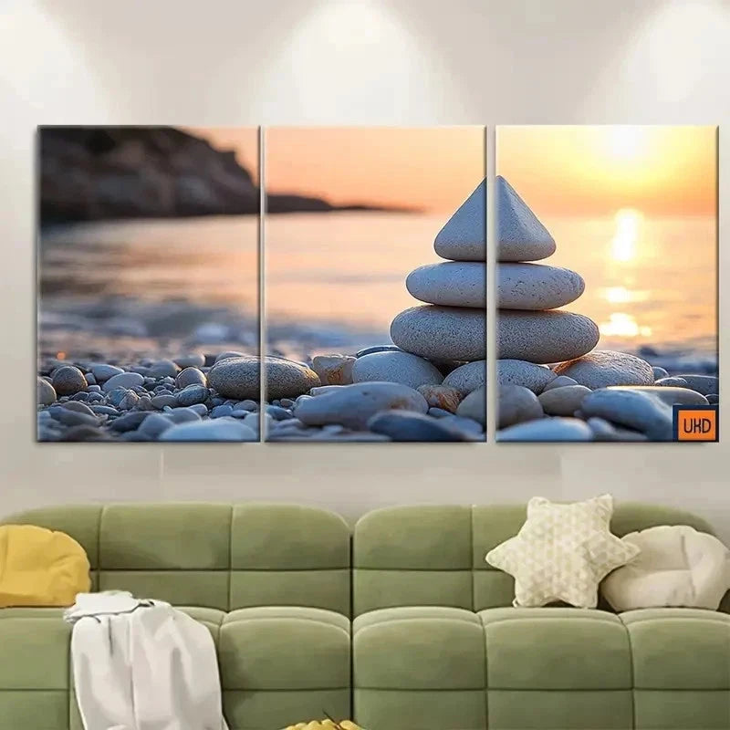 3pcs Pebble Pyramid on Shore Zen T   Wall Art Set Canvas Framed 40x60cm - High Quality Print 100% Australian Made Wall Canvas Ready to Hang