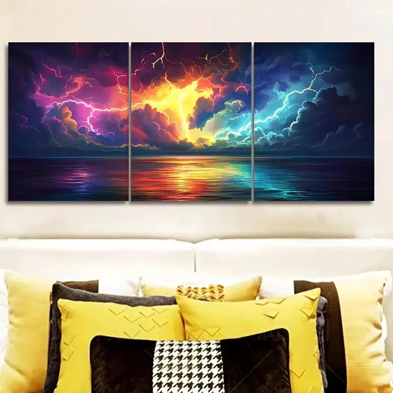 3pcs Colorful Lightning Storm Design Wall Art Set Canvas Framed 50x70cm - High Quality Print 100% Australian Made Wall Canvas Ready to Hang - Bella Home Decor