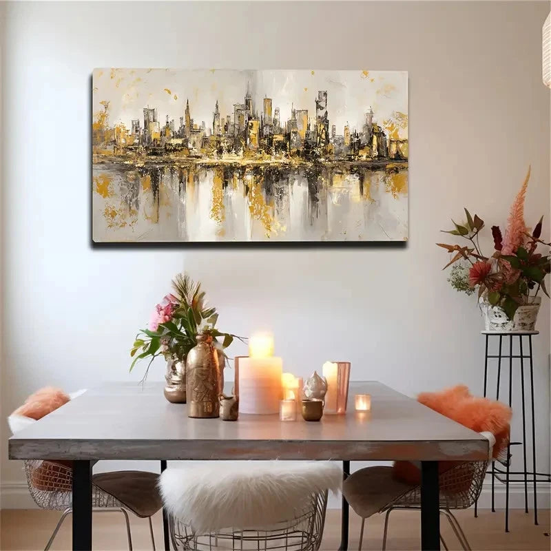 Beige & Golden Urban Reflection Wall Art Canvas Office Home Room Framed 120x60cm