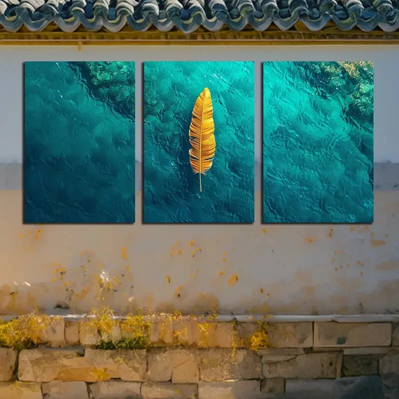 3pcs Vibrant Yellow Feathers and Small Boats Metal Print Ready to Hang Art