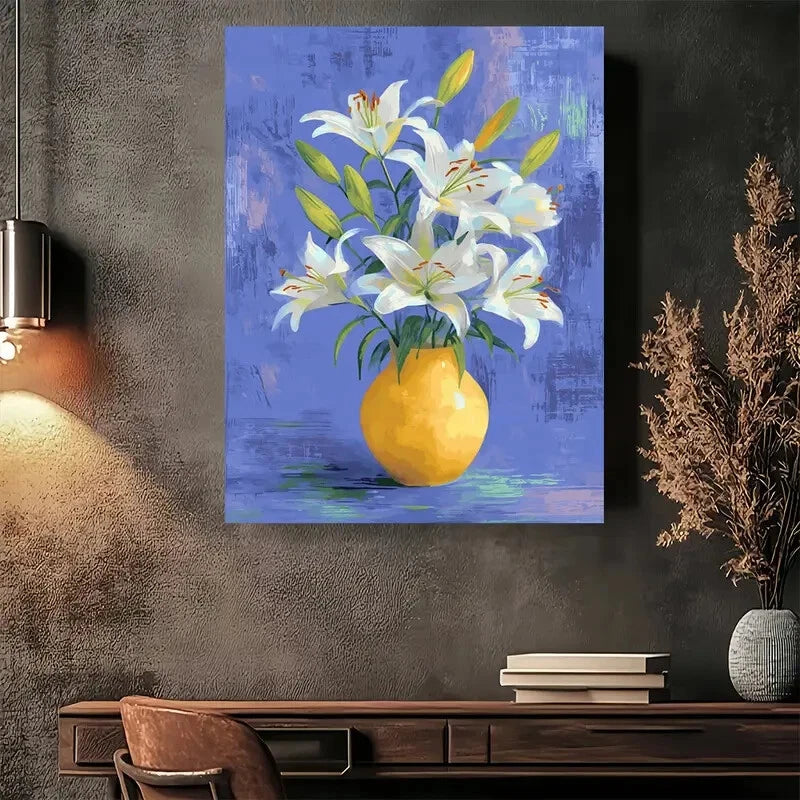 Beautiful White Lily Bouquet In Yellow Vase Painting 40x60cm Metal Print Ready to Hang - Bella Home Decor