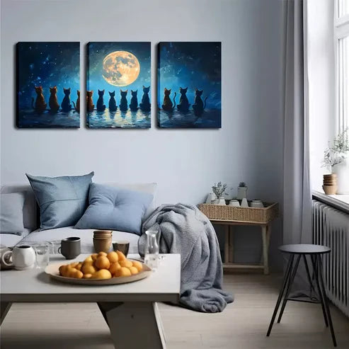3pcs A Row Of Cats Looking Up At The Moon Wall Art Canvas Unframed - High Quality Print 100% Australian Made Wall Canvas - Bella Home Decor