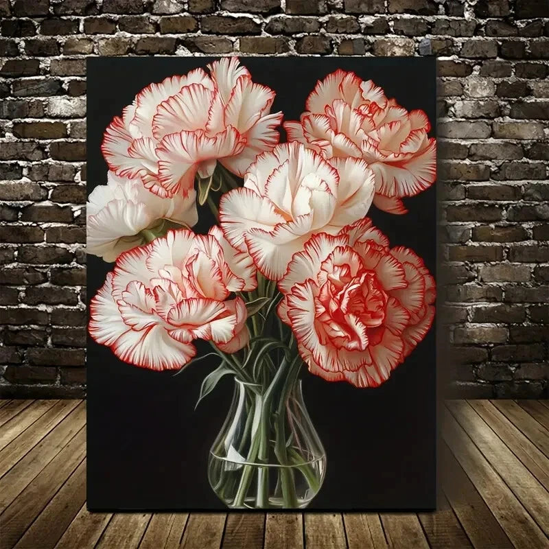 Elegant Carnation Bouquet in Glass Vase Painting 40x60cm Metal Print Ready to Hang - Bella Home Decor