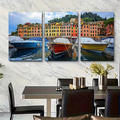 3pcs Portofino Docked Boats Metal Print Ready to Hang Art