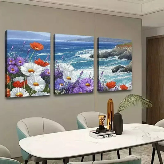 3pcs Colorful Flowers & Sea Oil Painting Wall Art Set Canvas Framed 50x70cm - High Quality Print 100% Australian Made Wall Canvas Ready to Hang