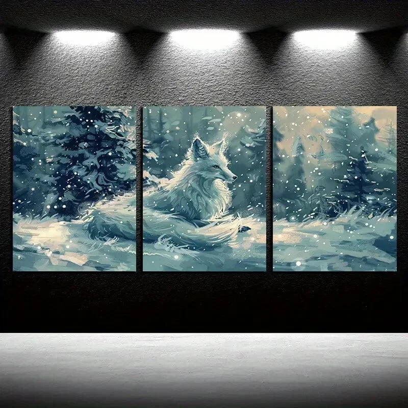 3pcs White Fox Snowy Forest Scene, Modern Wildlife Metal Print Ready to Hang Art - Bella Home Decor