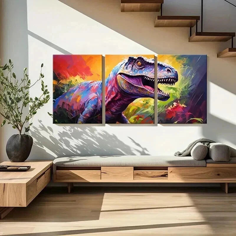 3pcs Vibrant T-Rex Painting Dinosaur Wall Art Set Canvas Framed 50x70cm - High Quality Print 100% Australian Made Wall Canvas Ready to Hang - Bella Home Decor
