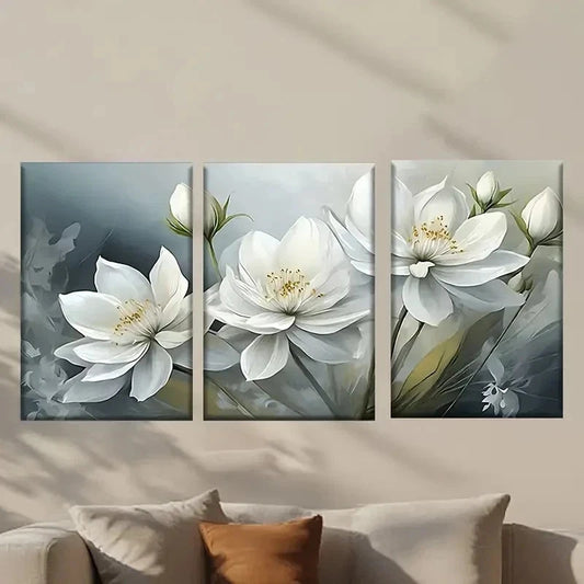 3pcs Beautiful Painting of White Flowers Wall Art Set Canvas Framed 40x60cm - High Quality Print 100% Australian Made Wall Canvas Ready to Hang