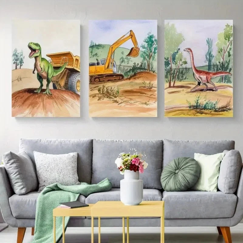 3pcs Dinosaurs Whimsical Prehistoric   Wall Art Set Canvas Framed 60x90cm - High Quality Print 100% Australian Made Wall Canvas Ready to Hang - Bella Home Decor
