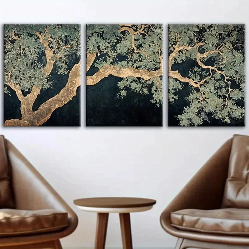 3pcs Abstract Tree Dark Blue & Golden Leaf Design Metal Print Ready to Hang Art - Bella Home Decor